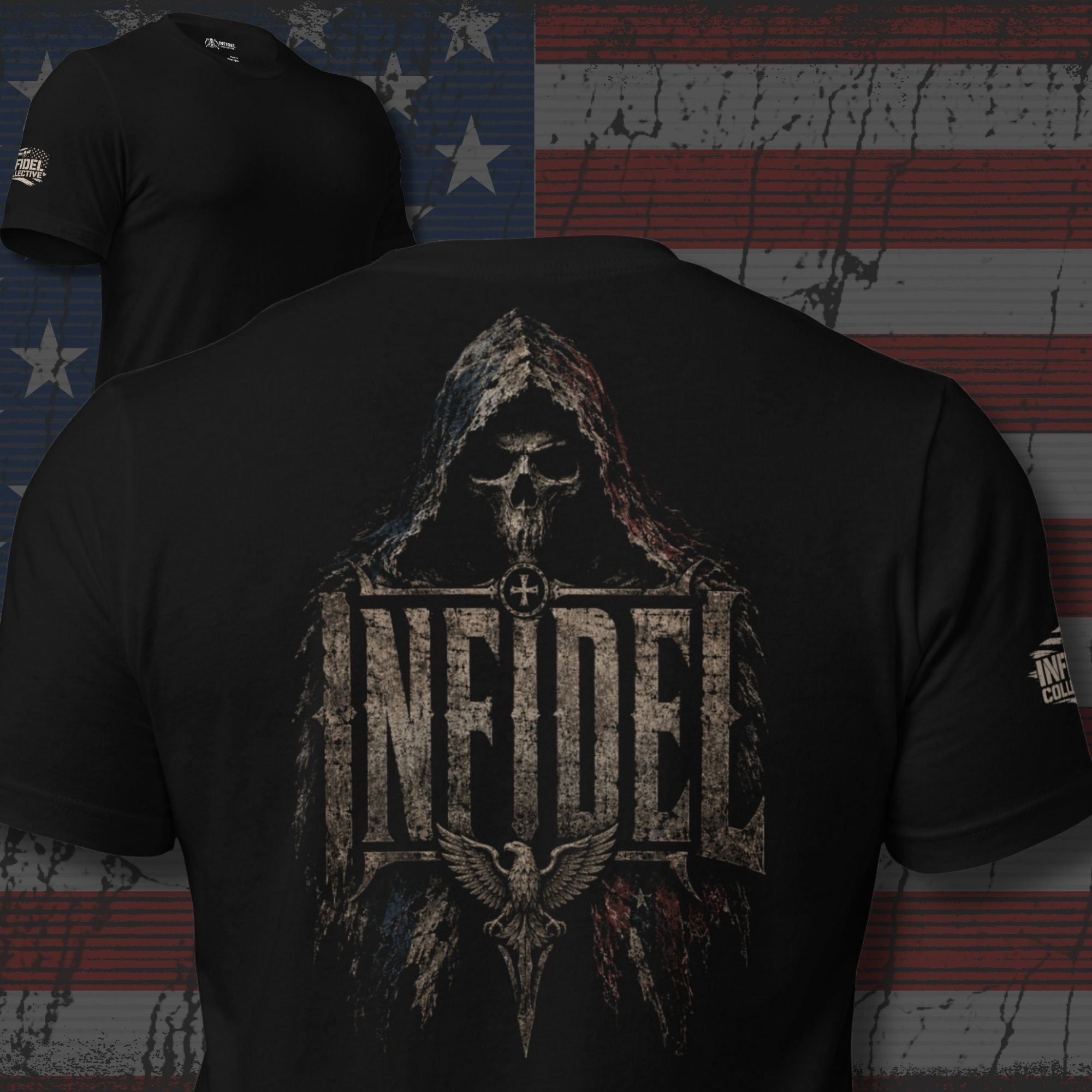 Infidel hooded reaper eagle back print black tee from Infidel Collective