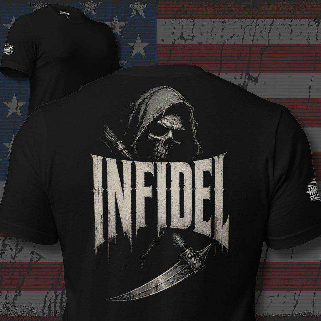 Infidel hooded reaper scythe back print black tee from Infidel Collective