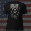 Infidel screaming hooded skull front print black tee from Infidel Collective