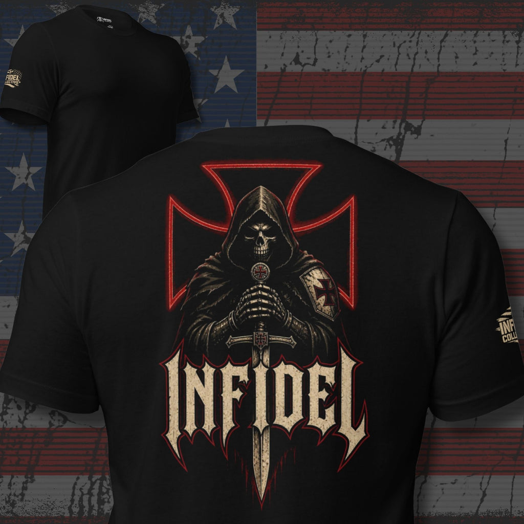 Infidel Knight Cross back print black tee from Infidel Collective