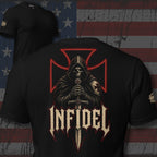 Infidel Knight Cross back print black tee from Infidel Collective