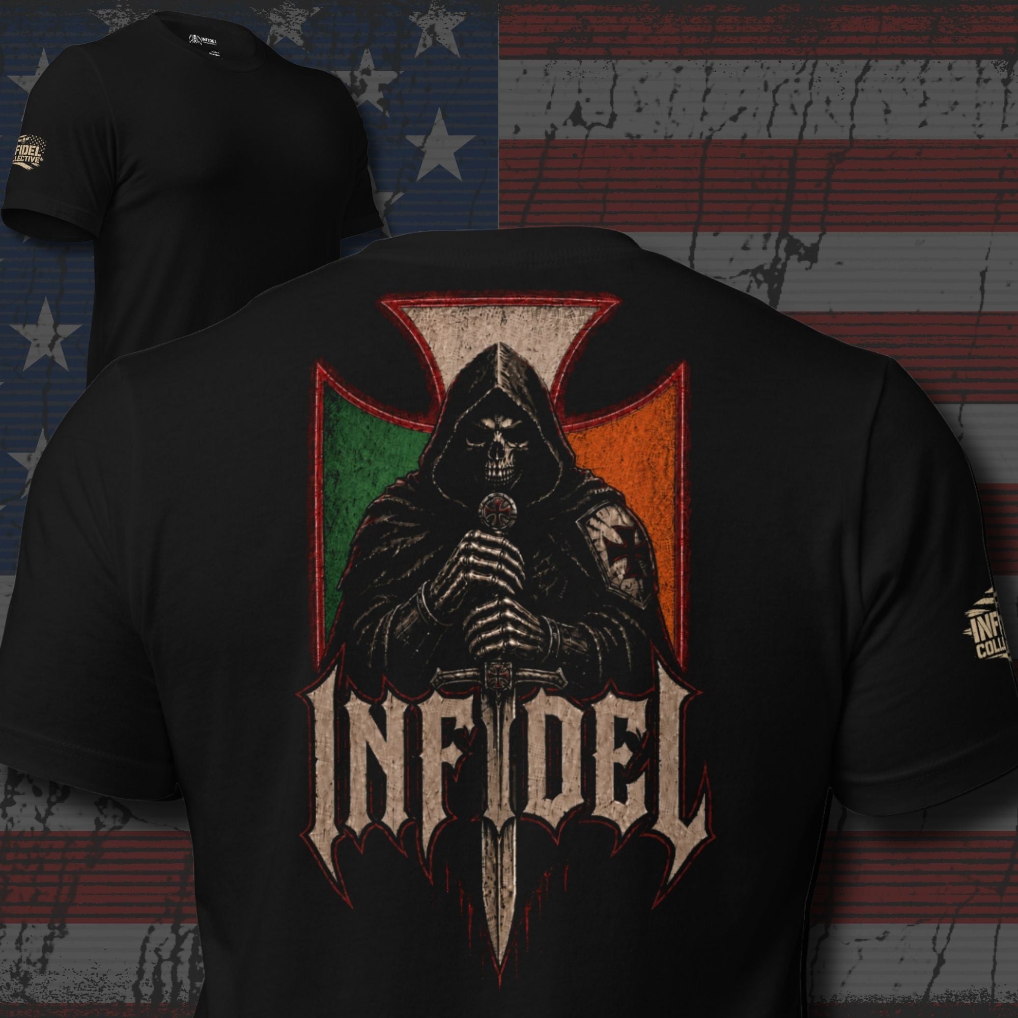 Infidel Knight Cross Ireland guardian back print black tee from Infidel Collective
