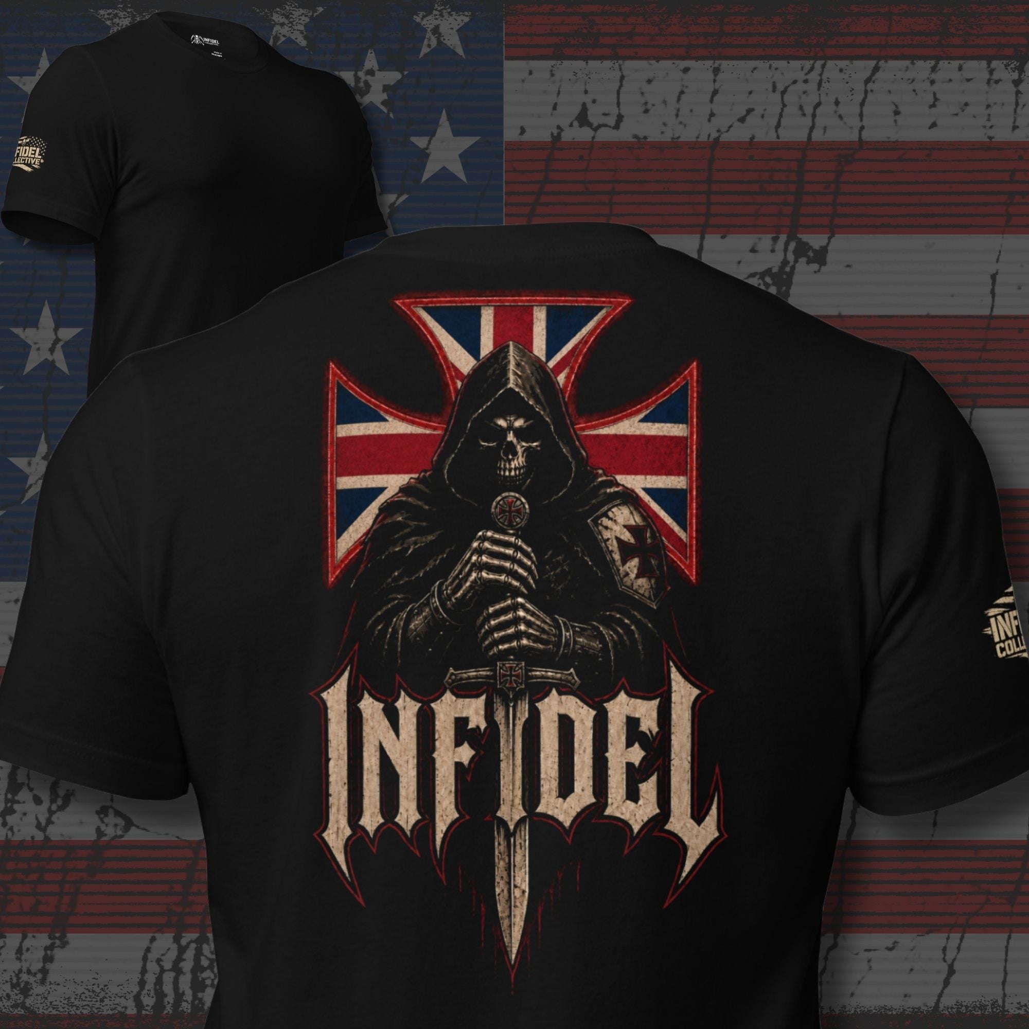 Infidel Knight Cross UK guardian back print black tee from Infidel Collective