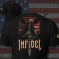 Infidel hooded guardian with American flag iron cross back print black tee from Infidel Collective