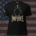 Infidel Last to Kneel faceless hooded reaper front print black tee from Infidel Collective