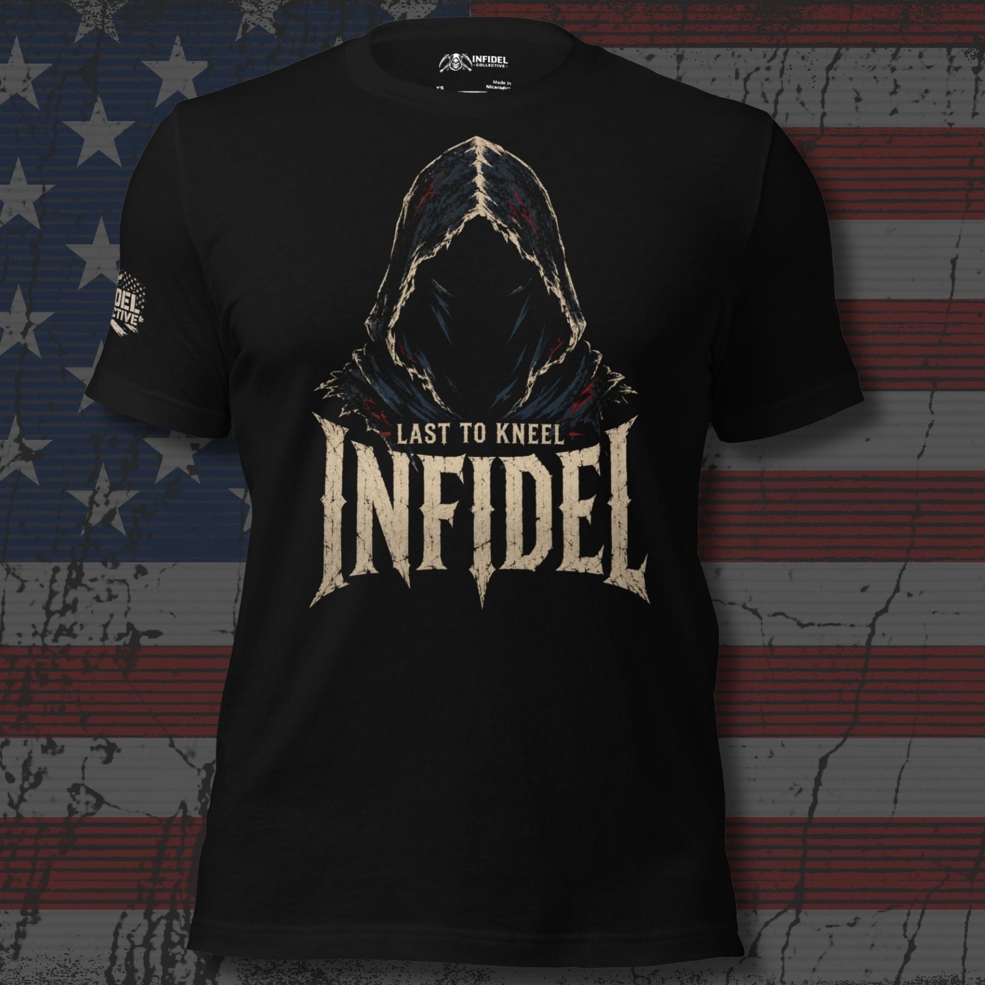 Black Infidel Collective tee with front print featuring shadowed hooded figure, INFIDEL text, and Last to Kneel graphic