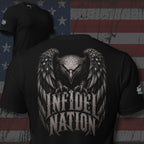 Black tee with Infidel Nation eagle graphic back print and blank front from Infidel Collective