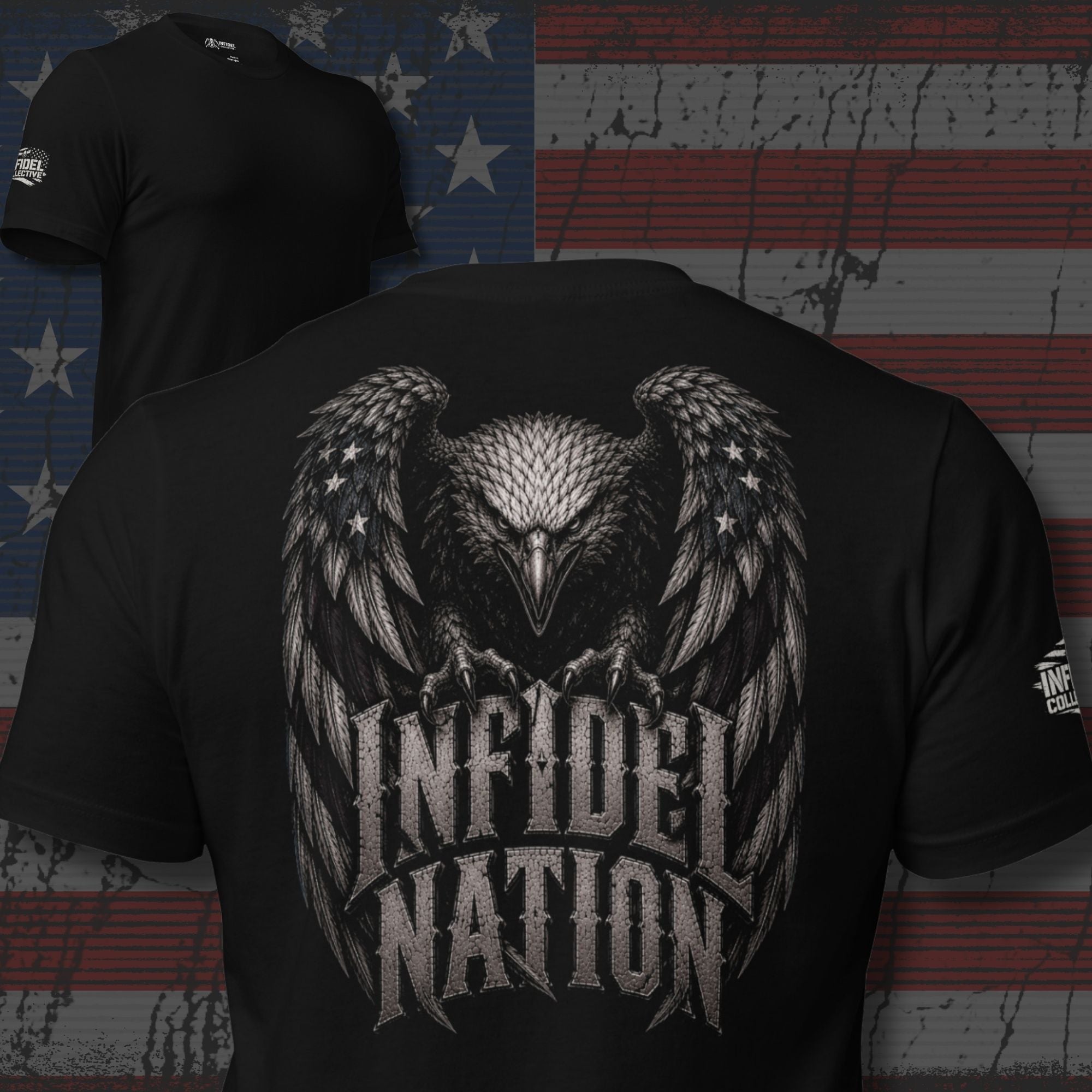 Black tee with Infidel Nation eagle graphic back print and blank front from Infidel Collective