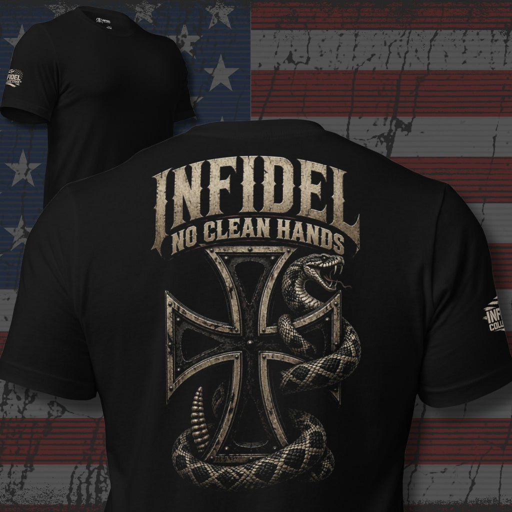 Infidel No Clean Hands iron cross serpent back print black tee from Infidel Collective