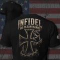 Infidel No Clean Hands serpent and iron cross back print black tee from Infidel Collective