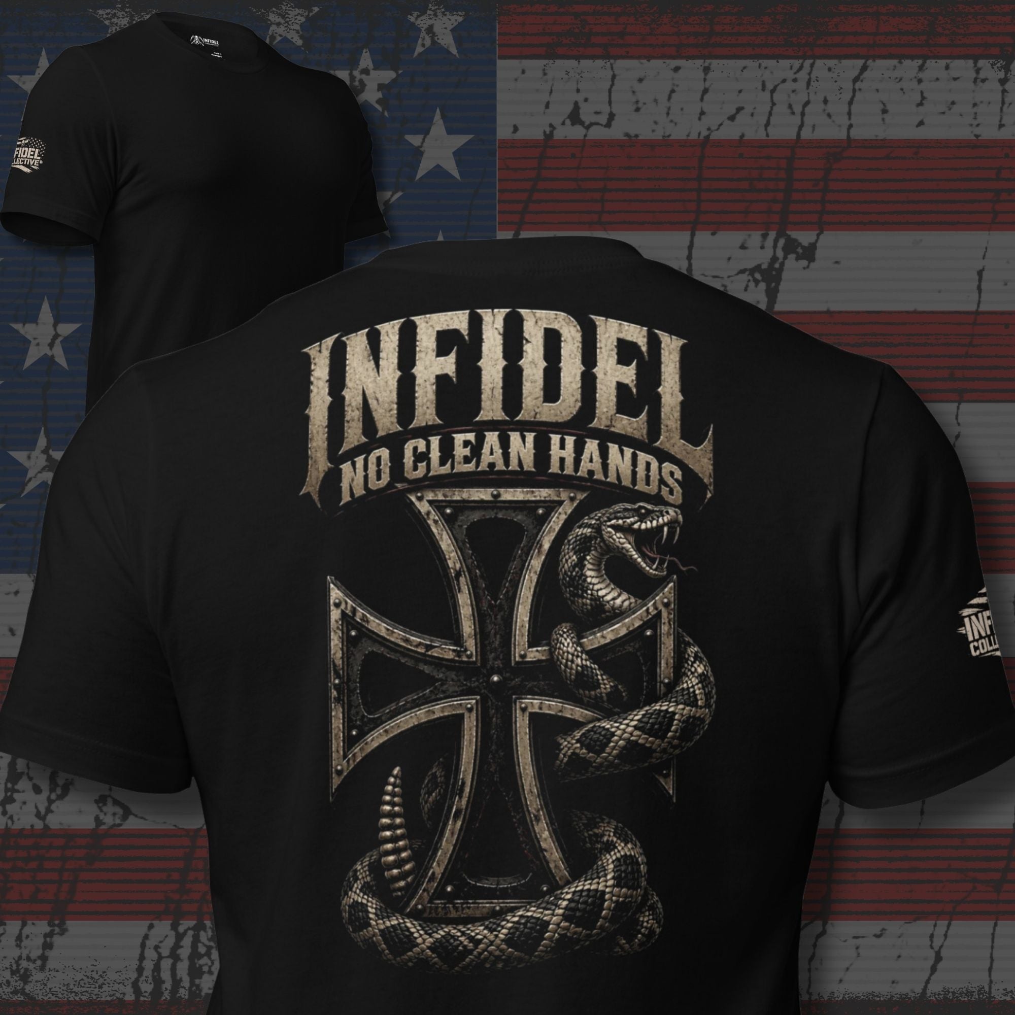 Infidel No Clean Hands iron cross serpent back print black tee from Infidel Collective