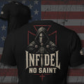 Infidel No Saint hooded knight with sword back print black tee from Infidel Collective