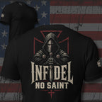 Infidel No Saint hooded knight back print black tee from Infidel Collective