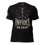 Infidel No Saint hooded knight front print black tee from Infidel Collective