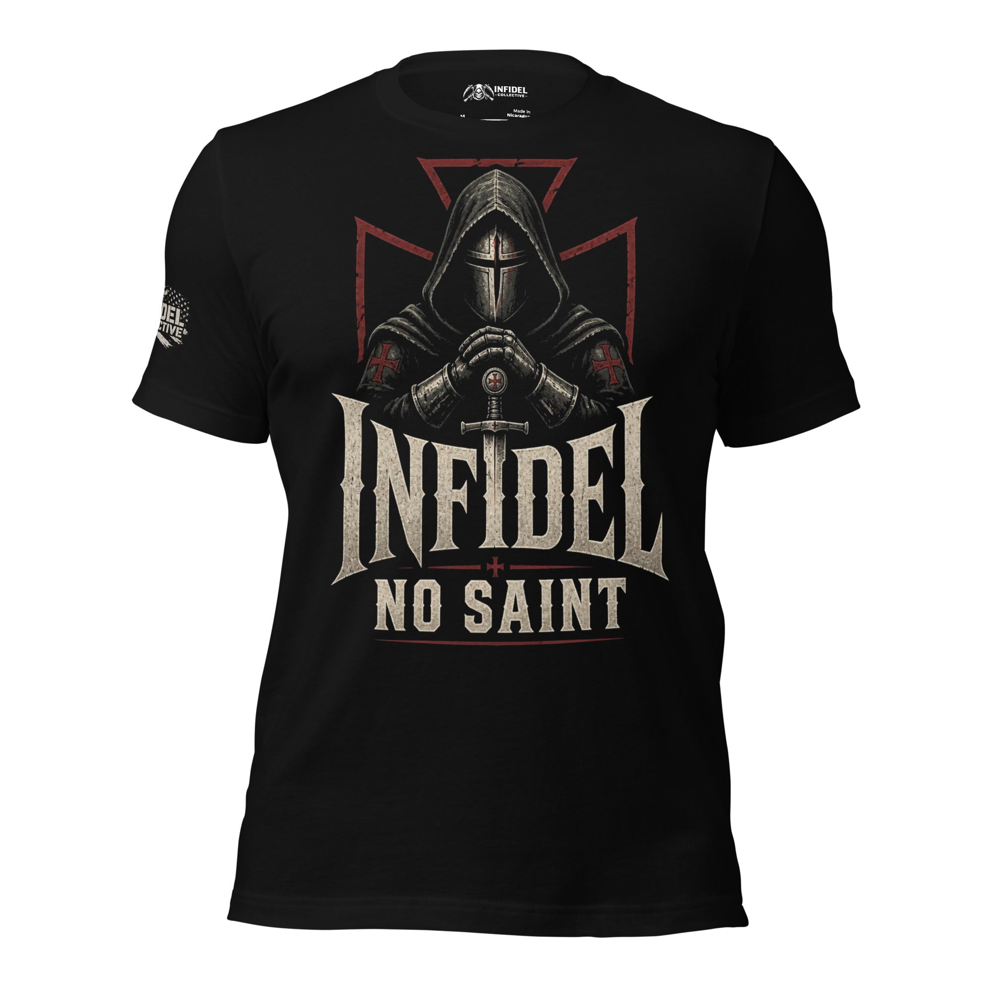 Infidel No Saint hooded knight front print black tee from Infidel Collective