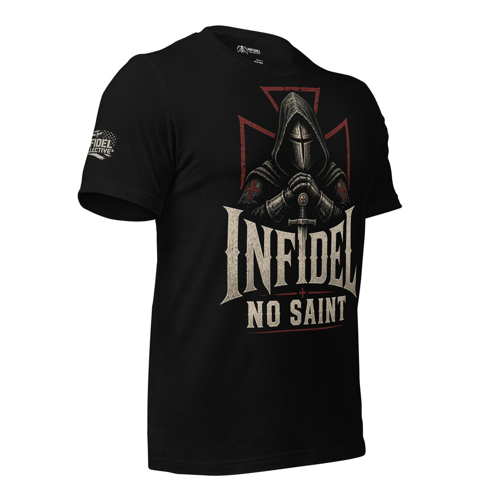 Infidel No Saint hooded knight front print black tee from Infidel Collective