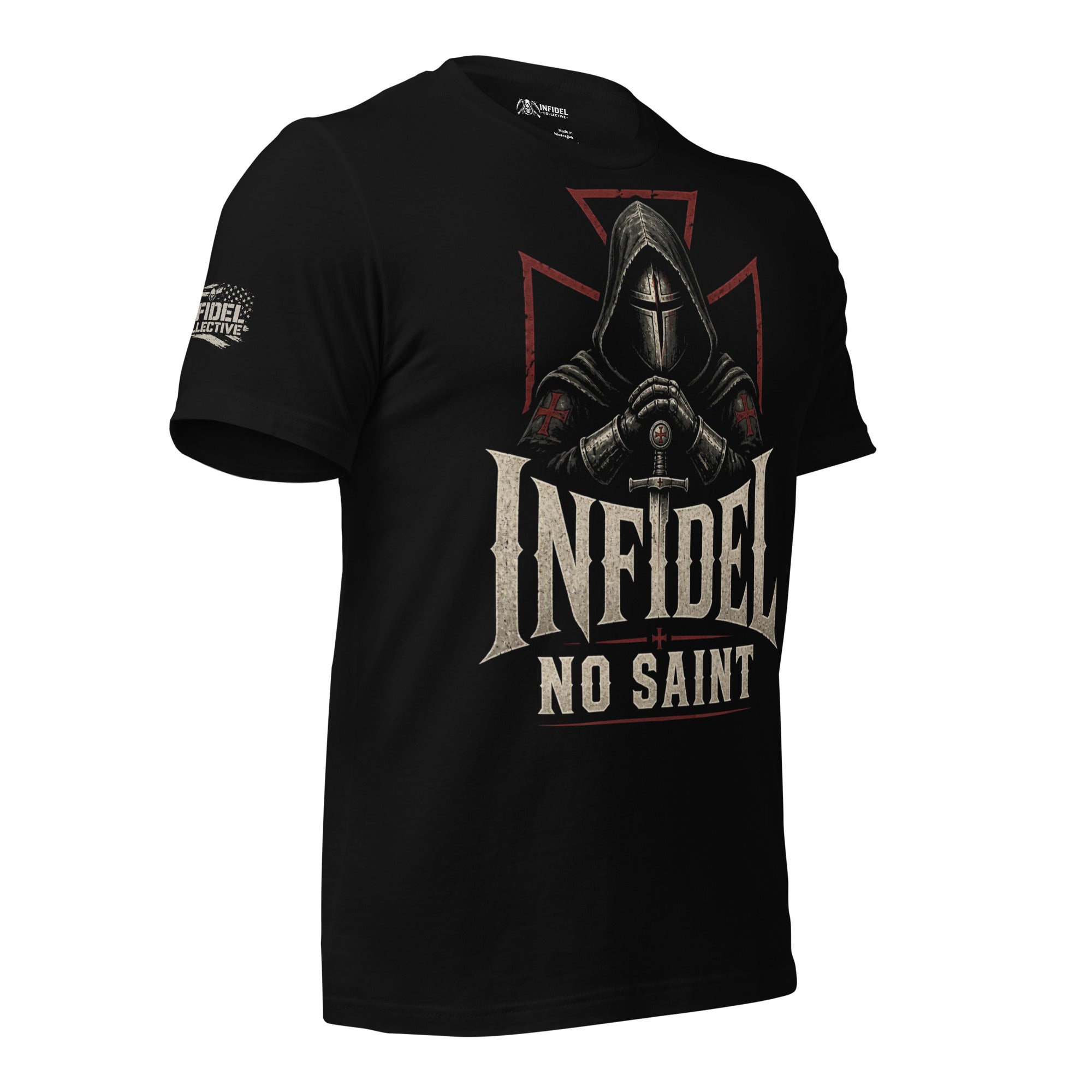 Infidel No Saint hooded knight front print black tee from Infidel Collective