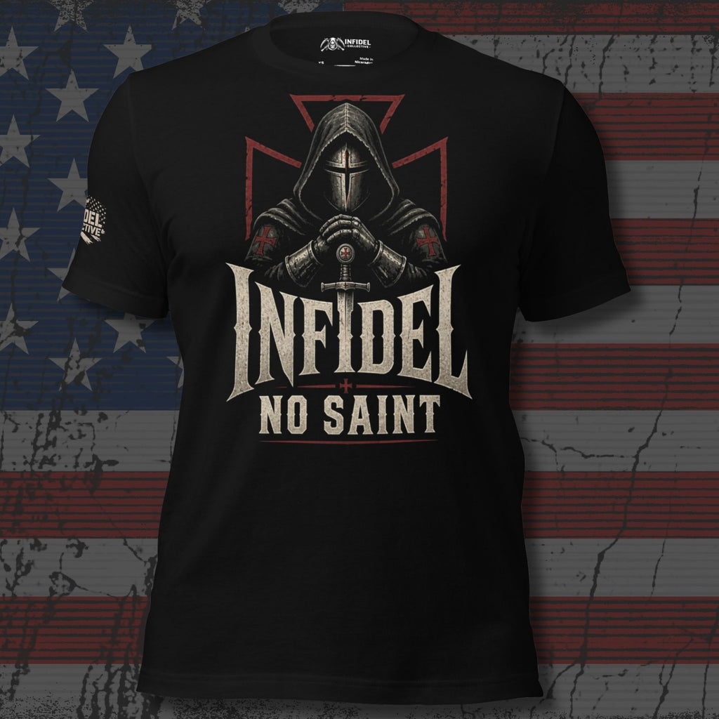 Infidel No Saint hooded knight front print black tee from Infidel Collective