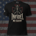 Infidel No Saint hooded knight front print black tee from Infidel Collective