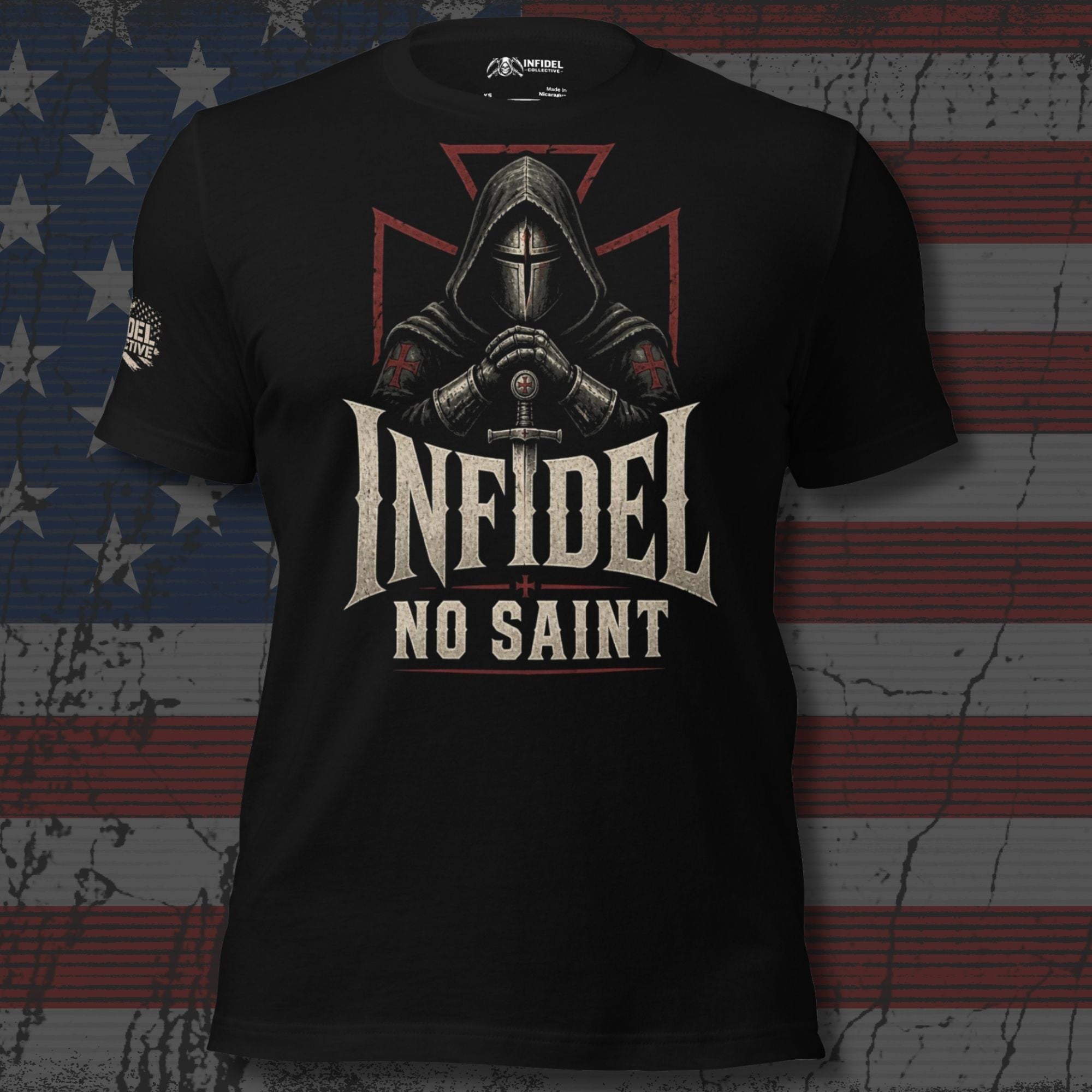 Infidel No Saint hooded knight front print black tee from Infidel Collective
