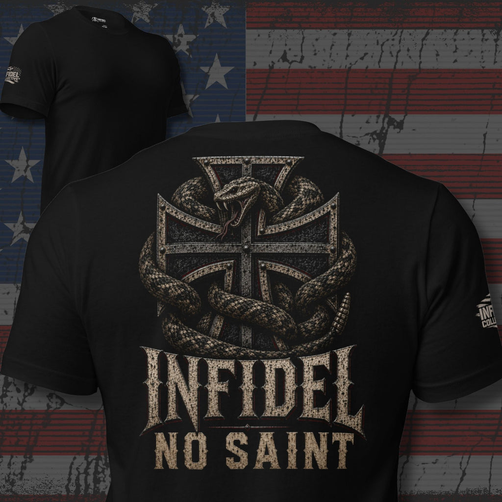 Infidel No Saint iron cross serpent back print black tee from Infidel Collective