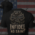 Infidel No Saint rattlesnake and iron cross back print black tee from Infidel Collective