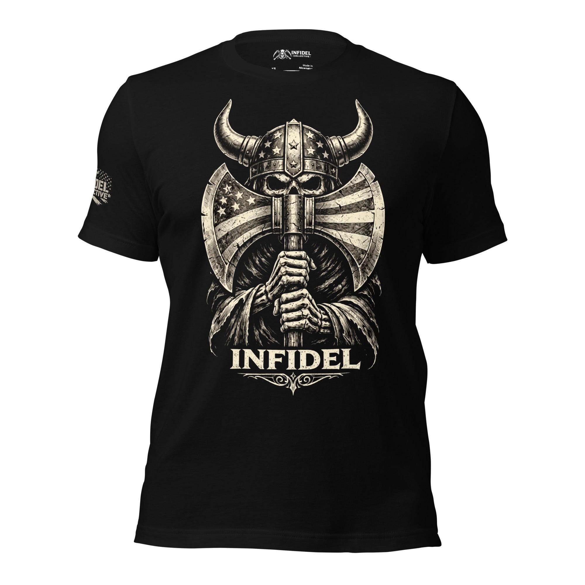Black Infidel Norse Warrior t-shirt featuring horned warrior skull holding American flag battle axe