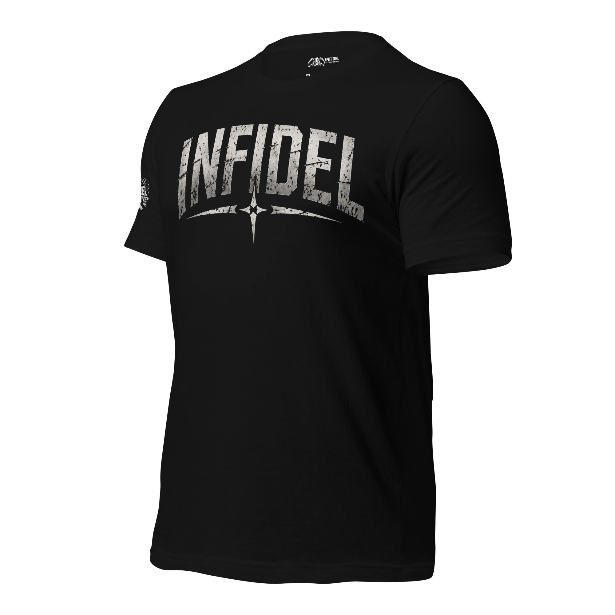 Black t-shirt with 'INFIDEL' logo on a white background