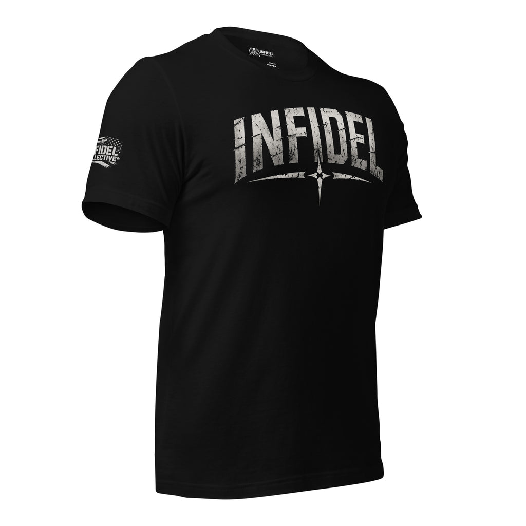 Navy blue t-shirt with 'INFIDEL' printed on it against a white background