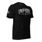Navy blue t-shirt with 'INFIDEL' printed on it against a white background