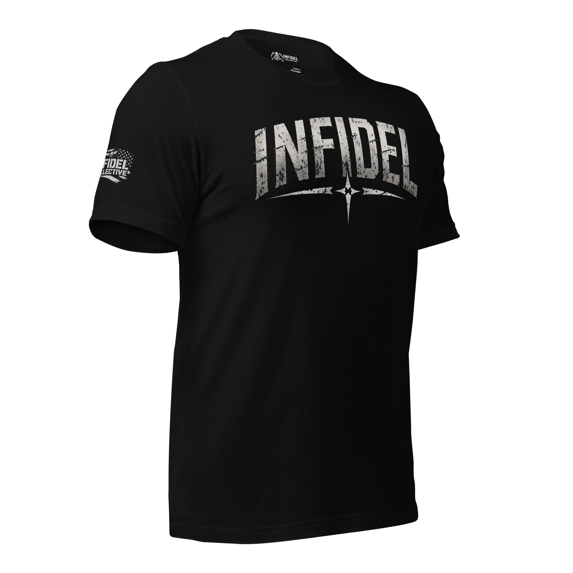 Navy blue t-shirt with 'INFIDEL' printed on it against a white background