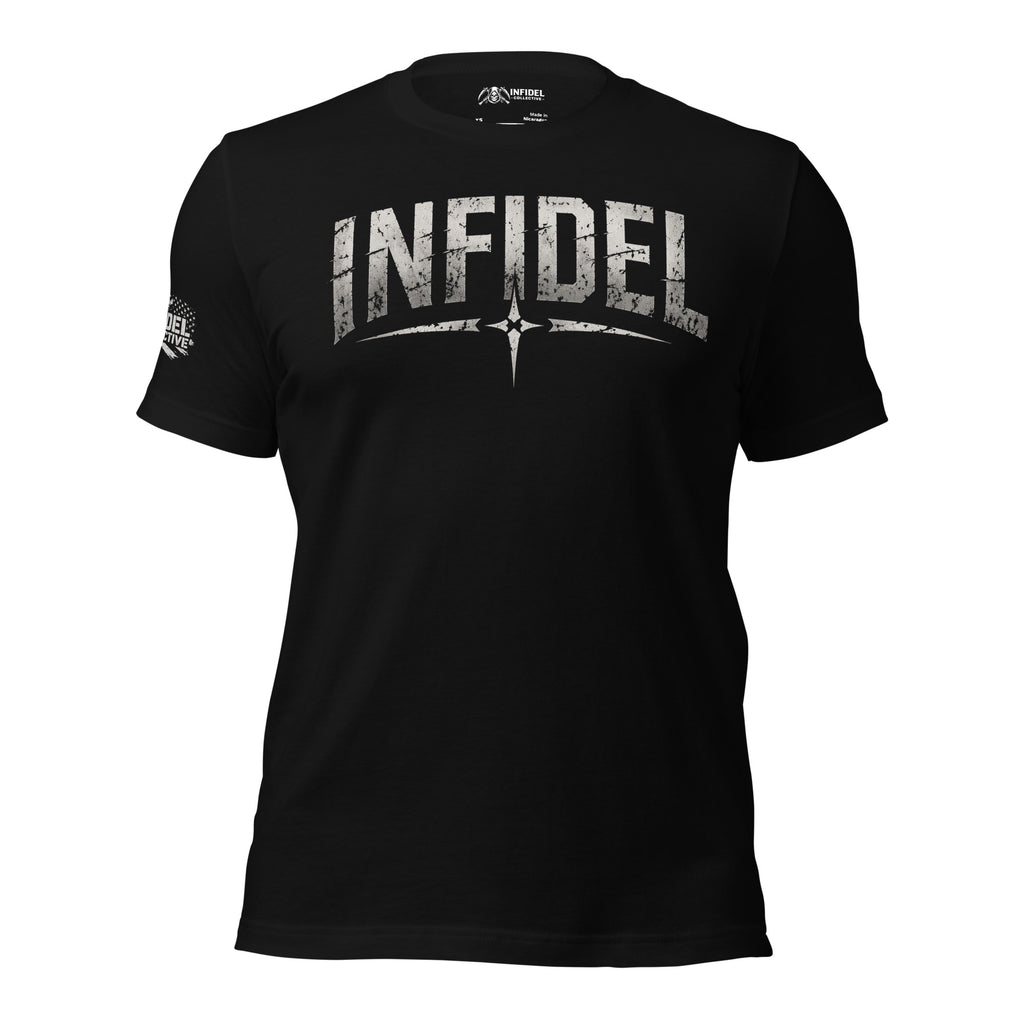 Black t-shirt with 'INFIDEL' text on a white background