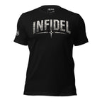Black t-shirt with 'INFIDEL' text on a white background