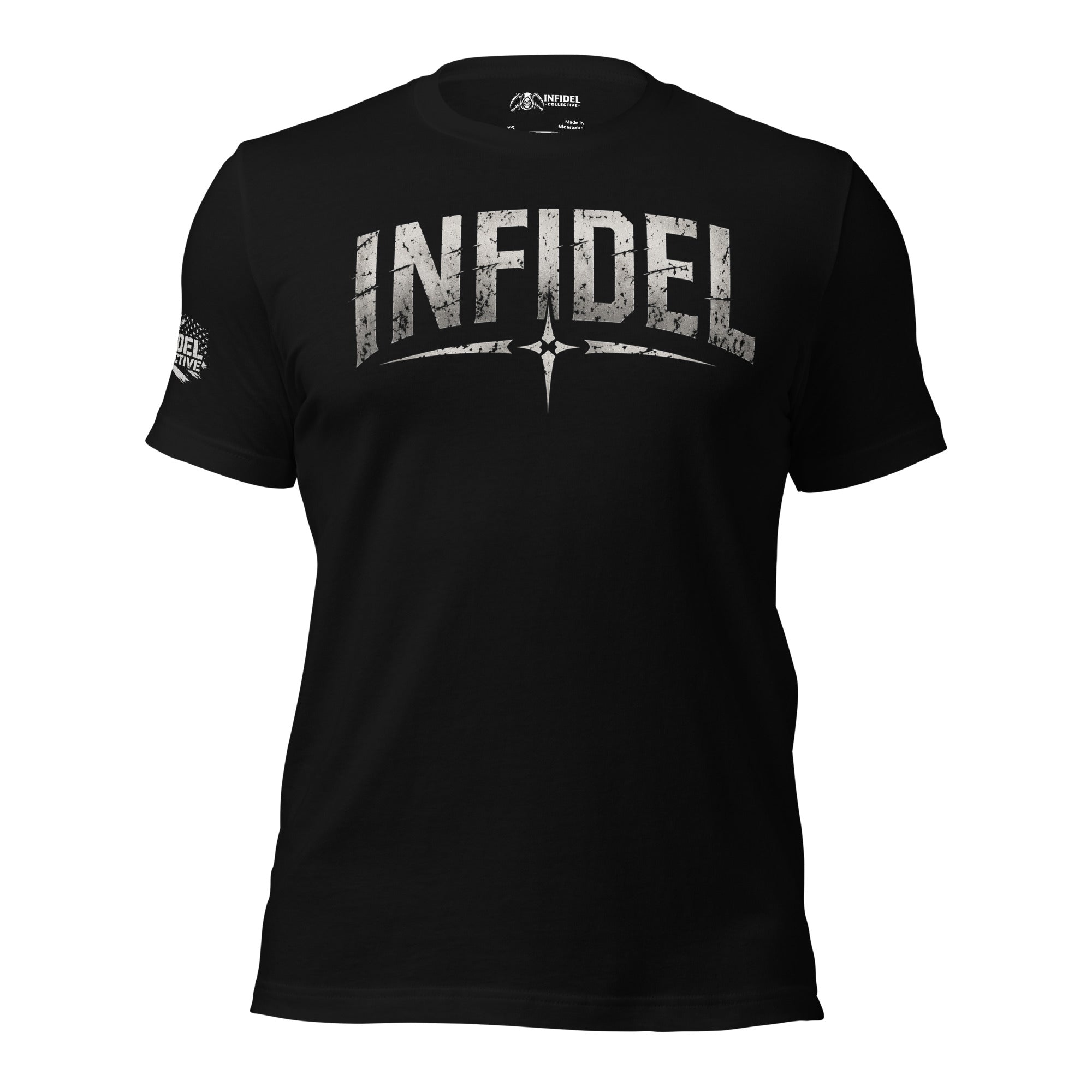Black t-shirt with 'INFIDEL' text on a white background