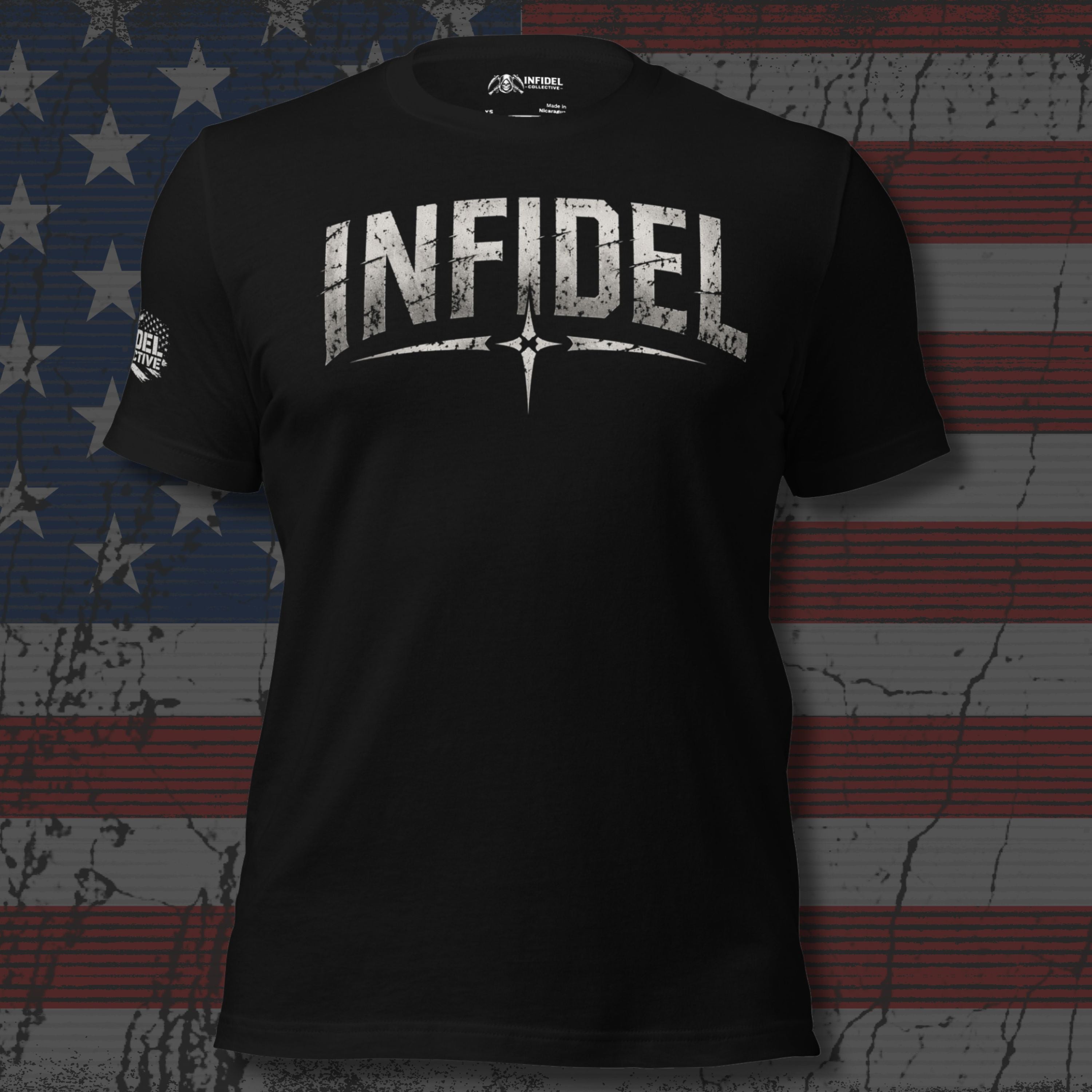 Black t-shirt with 'INFIDEL' text on a distressed American flag background
