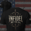 Infidel Not for All geometric weapon crest back print black tee from Infidel Collective