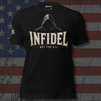 Black Infidel Collective tee with front print featuring shadowed hooded figure, INFIDEL text, and Not For All graphic