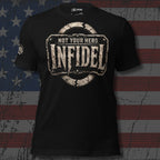 Infidel Not Your Hero steel plate front print black tee from Infidel Collective
