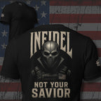 Infidel Not Your Savior death mask back print black tee from Infidel Collective