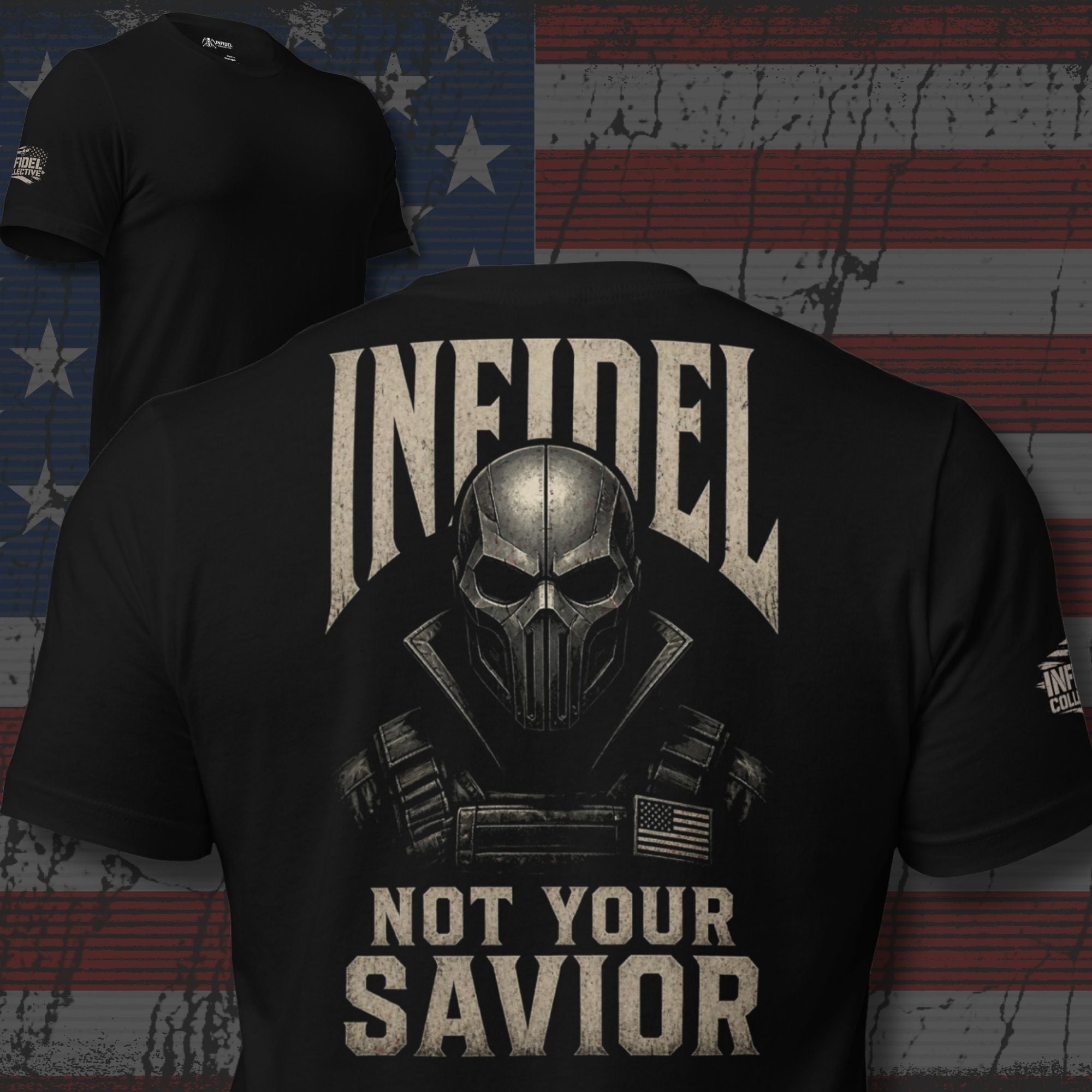 Infidel Not Your Savior death mask back print black tee from Infidel Collective