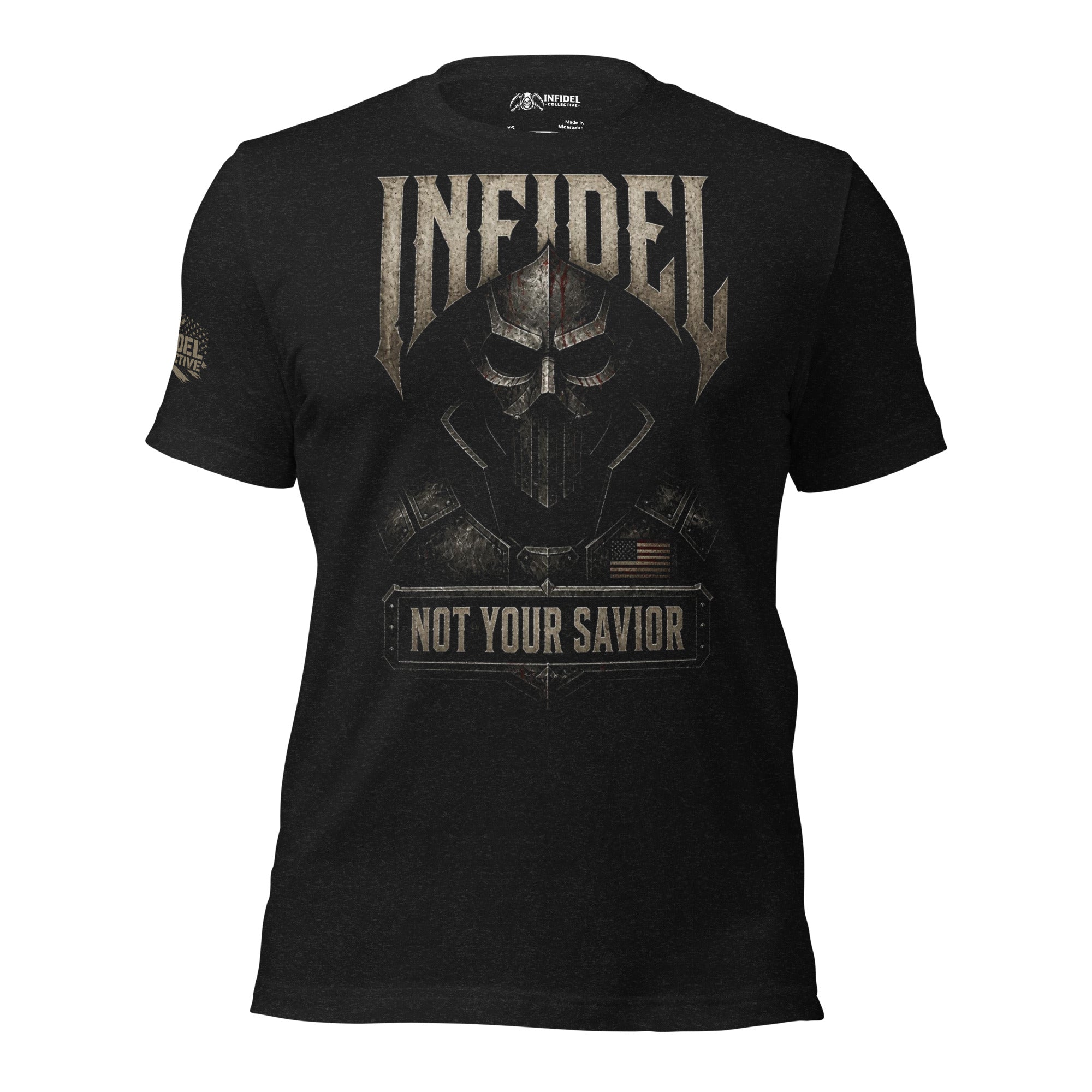Infidel Not Your Savior death mask front print black tee from Infidel Collective