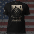 Infidel Not Your Savior death mask front print black tee from Infidel Collective