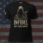 Infidel Not Your Savior hooded serpent front print black tee from Infidel Collective