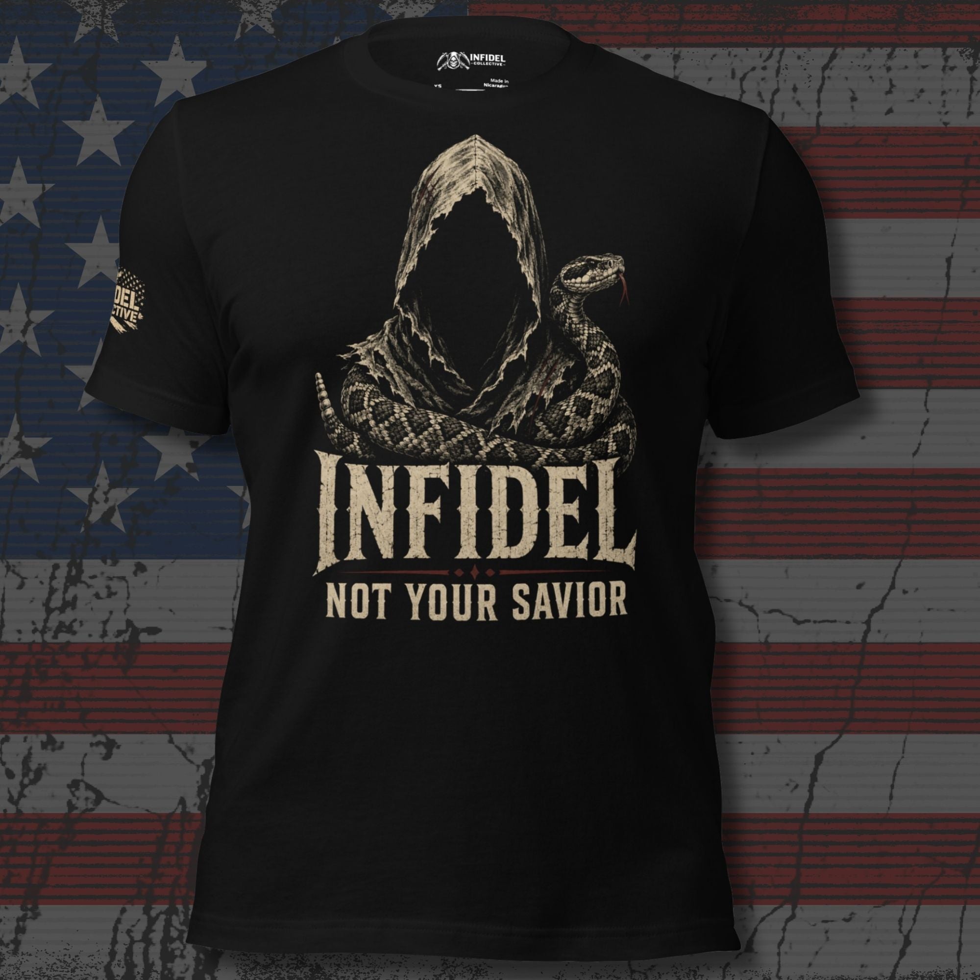 Infidel Not Your Savior hooded serpent front print black tee from Infidel Collective