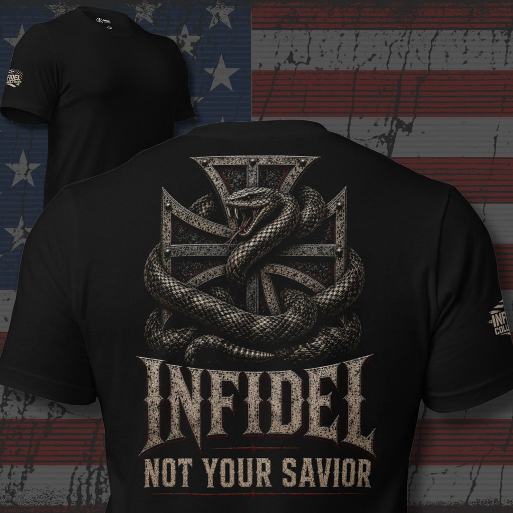 Infidel Not Your Savior iron cross serpent back print black tee from Infidel Collective