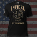 Infidel Not Your Savior rattlesnake and iron cross front print black tee from Infidel Collective