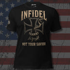Infidel Not Your Savior iron cross serpent front print black tee from Infidel Collective