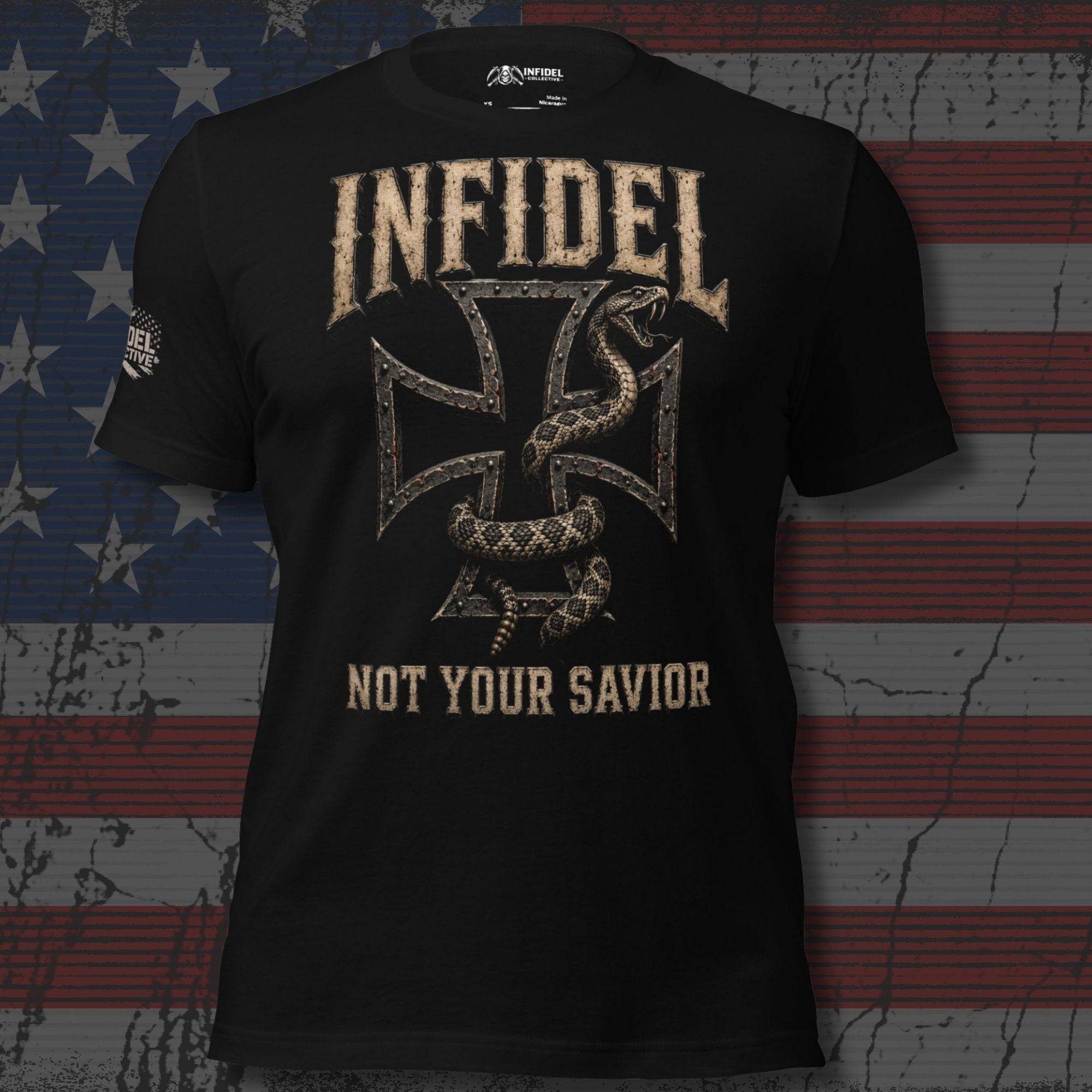 Infidel Not Your Savior iron cross serpent front print black tee from Infidel Collective
