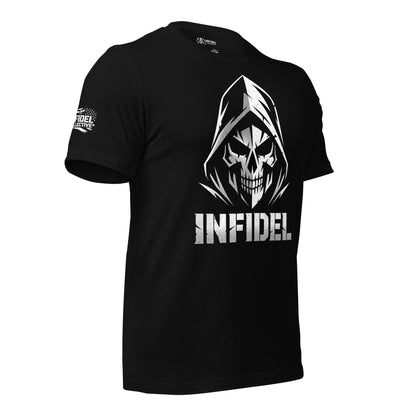 Black t-shirt with a skull and 'INFIDEL' text design on a white background