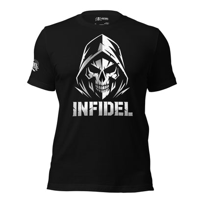 Black t-shirt with reaper design and 'INFIDEL' text on a white background